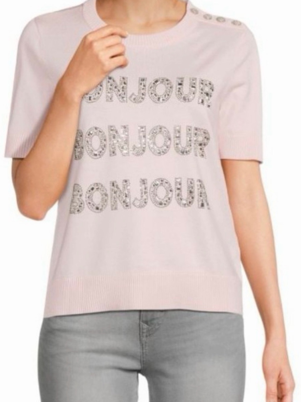 Karl Lagerfeld Pink Rhinestone 'Bonjour' Knit Sweater